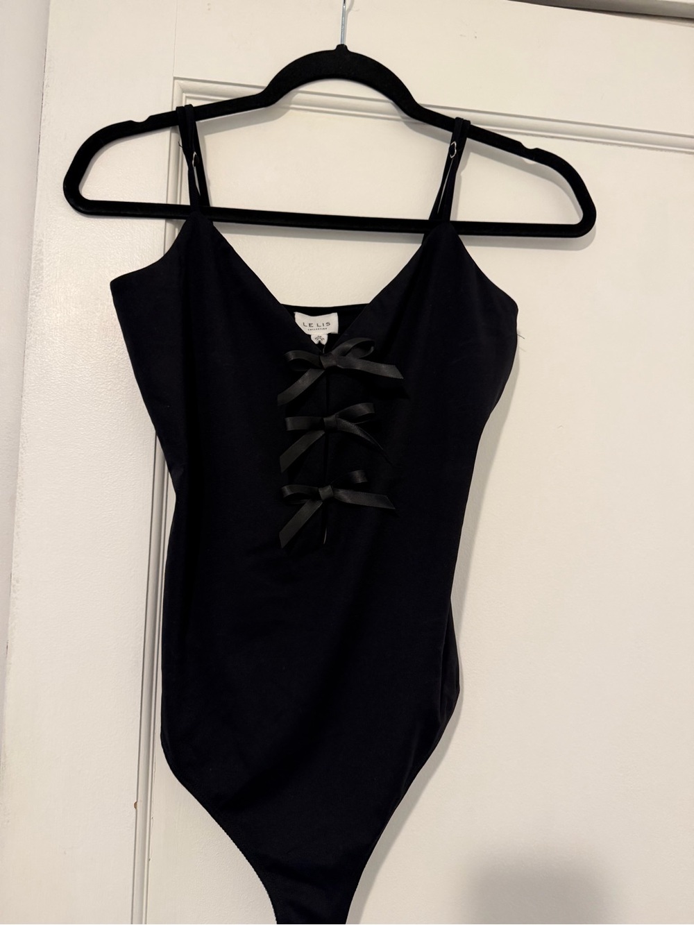 Le Lis Black Satin Lace-Up Bow Bodysuit